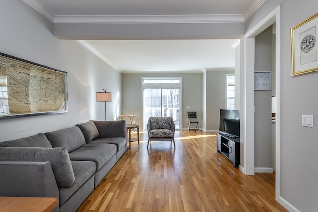 living room with light wood-type flooring and crown molding