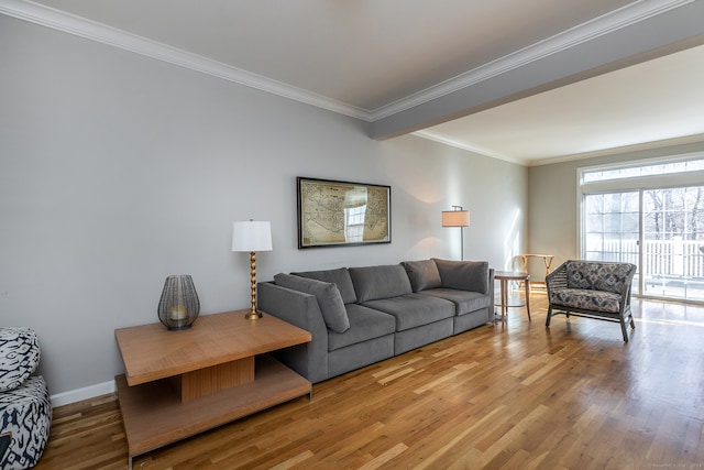 living room featuring wood-type flooring and ornamental molding