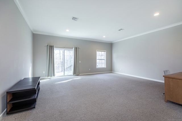 unfurnished room featuring light colored carpet and ornamental molding