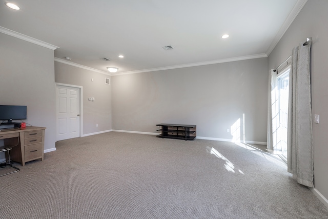 interior space with light colored carpet and ornamental molding