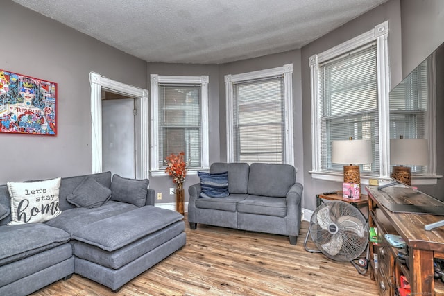 living room featuring a textured ceiling and light hardwood / wood-style flooring