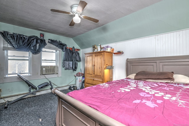 carpeted bedroom with a textured ceiling, cooling unit, ceiling fan, and lofted ceiling