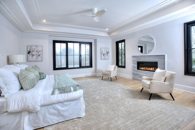 interior space with a raised ceiling, light wood-type flooring, and ceiling fan