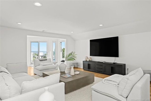 living room featuring vaulted ceiling and light hardwood / wood-style floors