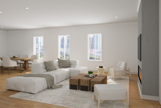 living room with ornamental molding and light wood-type flooring