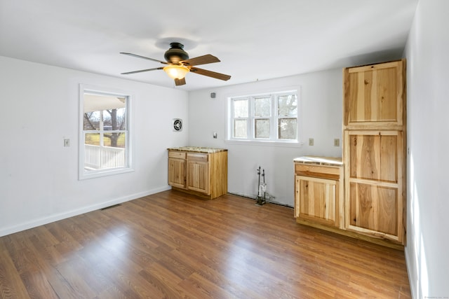 interior space with ceiling fan, light hardwood / wood-style flooring, a healthy amount of sunlight, and light brown cabinets