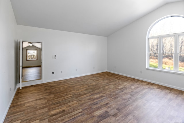 empty room featuring lofted ceiling and dark wood-type flooring