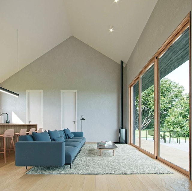 living room with high vaulted ceiling and light hardwood / wood-style flooring