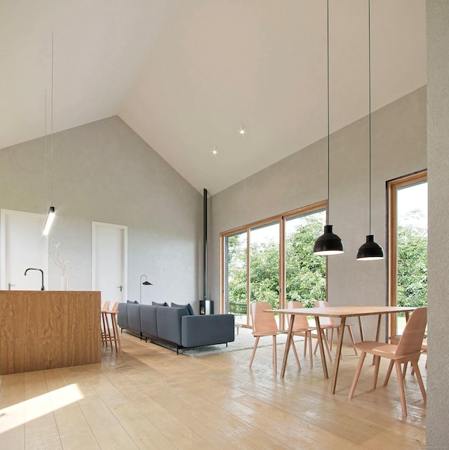 living room featuring high vaulted ceiling and light hardwood / wood-style flooring