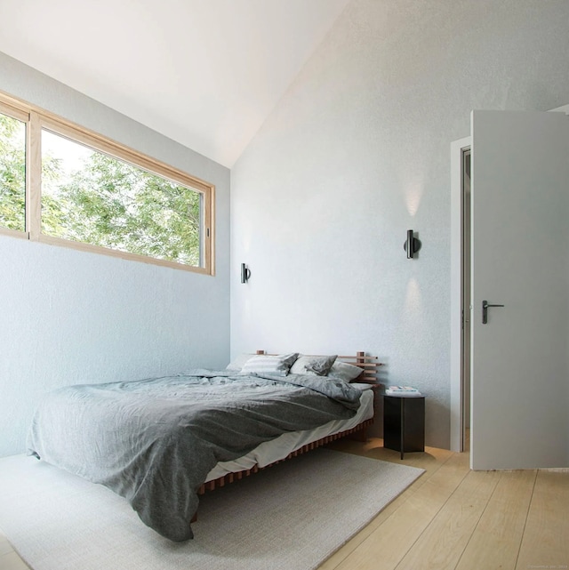 bedroom featuring light hardwood / wood-style flooring, vaulted ceiling, and multiple windows