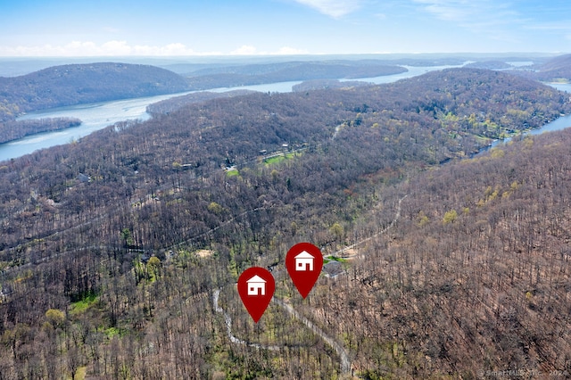 drone / aerial view with a water and mountain view