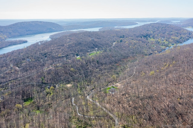 drone / aerial view with a water and mountain view