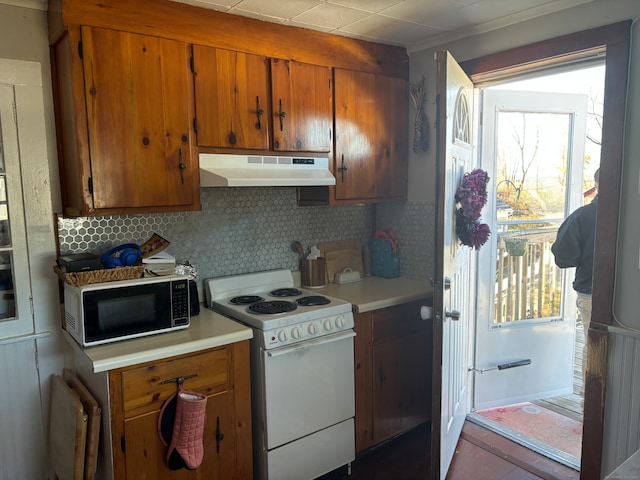 kitchen with white range and tasteful backsplash