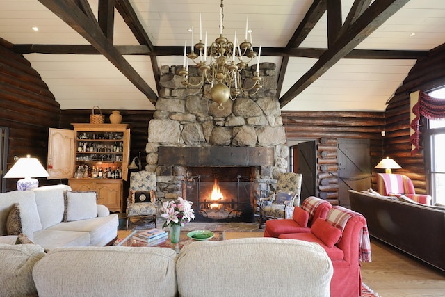 87 Red Coat Rd, Westport, CT 06880 - living area featuring log walls, a chandelier, wood finished floors, a wooden ceiling with exposed beams, and a fireplace