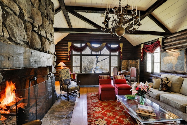 87 Red Coat Rd, Westport, CT 06880 - living area with a chandelier, hardwood / wood-style floors, log walls, a wood ceiling with exposed beams, and a stone fireplace