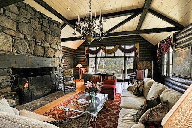87 Red Coat Rd, Westport, CT 06880 - living room featuring a wood ceiling with exposed beams, a chandelier, high vaulted ceiling, a stone fireplace, and log walls