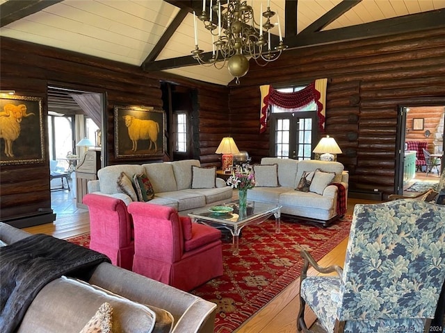 87 Red Coat Rd, Westport, CT 06880 - living room featuring rustic walls, wood-type flooring, a chandelier, healthy amount of natural light, and wooden ceiling