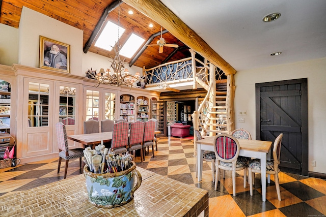 87 Red Coat Rd, Westport, CT 06880 - dining area with a chandelier, recessed lighting, stairs, and high vaulted ceiling