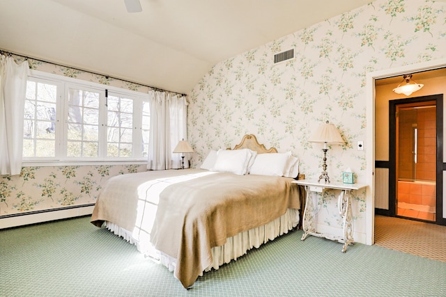 87 Red Coat Rd, Westport, CT 06880 - bedroom with lofted ceiling, carpet, a baseboard radiator, a ceiling fan, and wallpapered walls