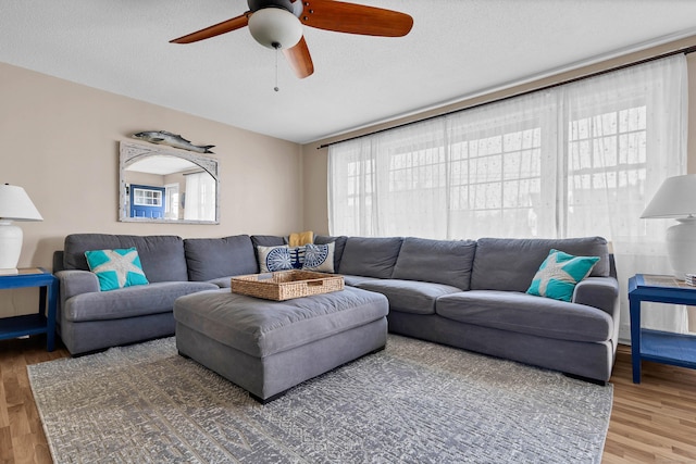 living room featuring a textured ceiling, ceiling fan, and hardwood / wood-style floors