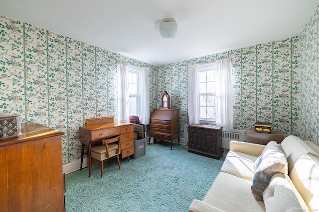 home office featuring radiator heating unit and light colored carpet