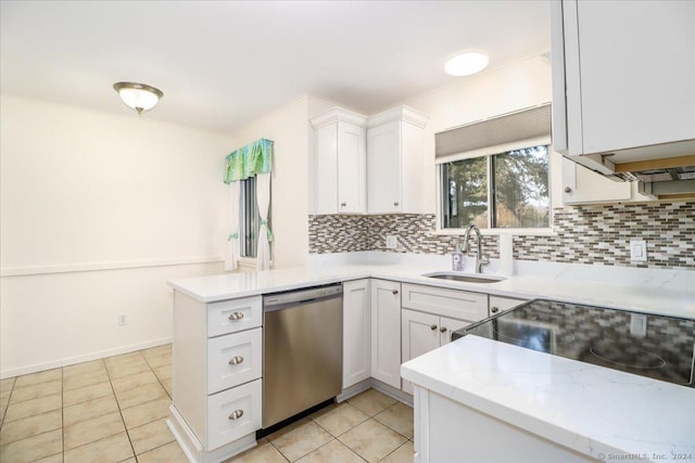 kitchen featuring sink, decorative backsplash, stainless steel dishwasher, and white cabinets