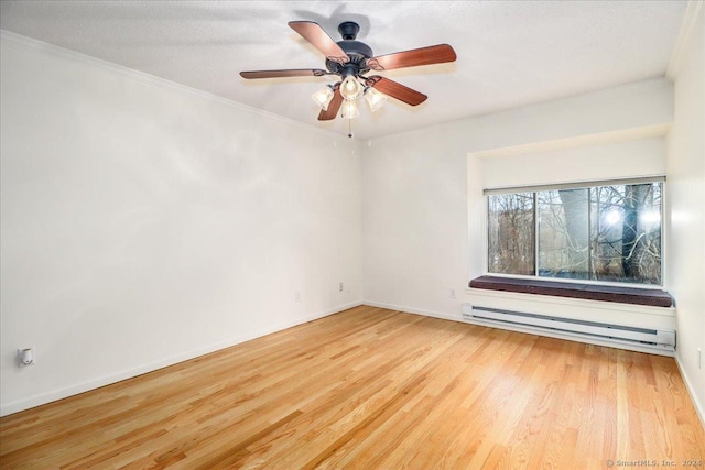 unfurnished room with a baseboard radiator, crown molding, ceiling fan, and light hardwood / wood-style floors