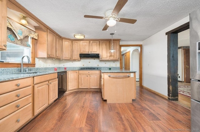 kitchen featuring dishwasher, light stone counters, sink, and dark wood-type flooring