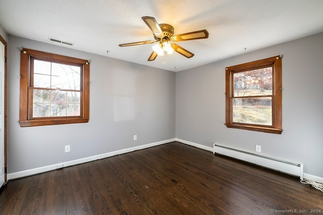 spare room with a healthy amount of sunlight, dark hardwood / wood-style flooring, and a baseboard heating unit