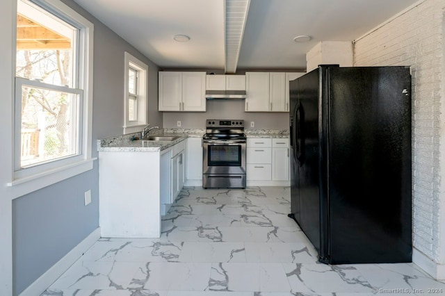 kitchen featuring white cabinets, black refrigerator with ice dispenser, stainless steel range with electric stovetop, and sink