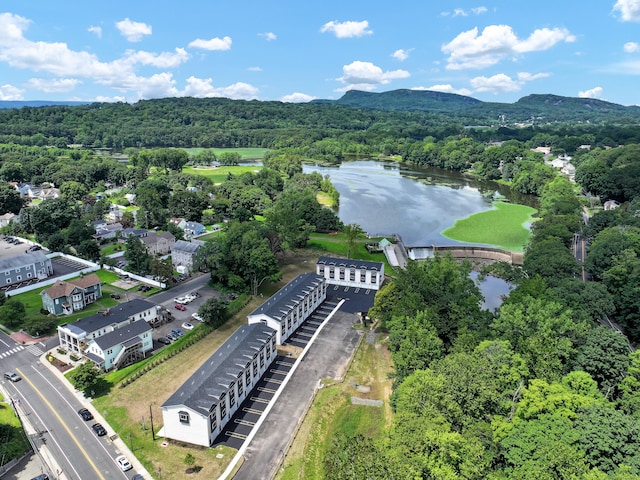 birds eye view of property with a water and mountain view