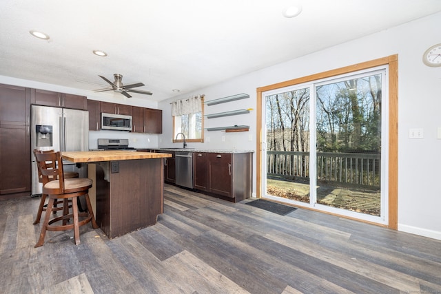 kitchen with butcher block counters, dark wood-type flooring, a healthy amount of sunlight, and appliances with stainless steel finishes