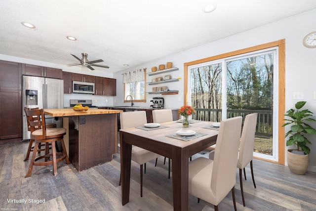 dining space featuring ceiling fan, sink, and dark hardwood / wood-style floors