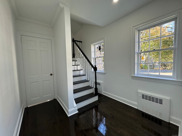 stairway with wood-type flooring, radiator heating unit, ornamental molding, and a wealth of natural light