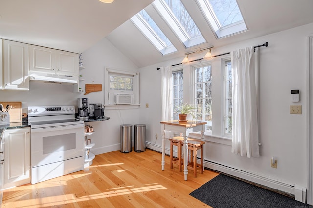 kitchen featuring cooling unit, white cabinetry, white electric stove, lofted ceiling with skylight, and light hardwood / wood-style flooring