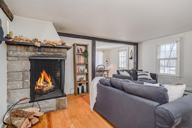 living room with a fireplace and hardwood / wood-style floors