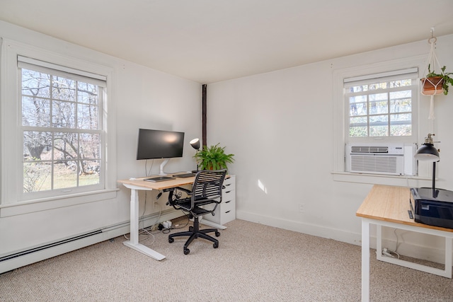 carpeted home office with a baseboard radiator and cooling unit