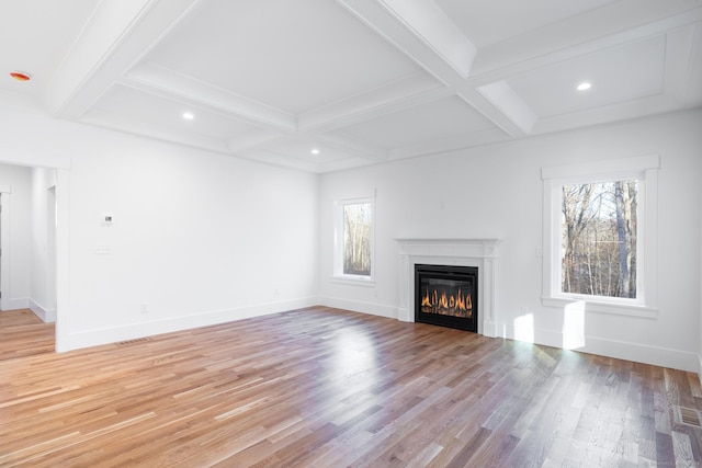 unfurnished living room featuring light hardwood / wood-style flooring, beamed ceiling, and coffered ceiling