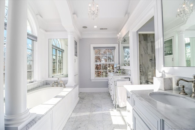 bathroom with vanity, an inviting chandelier, crown molding, ornate columns, and independent shower and bath