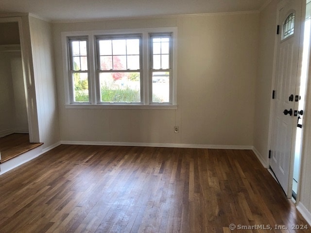 interior space featuring dark wood-type flooring and ornamental molding