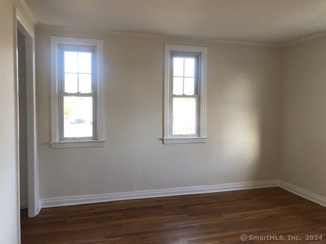 empty room featuring crown molding, a healthy amount of sunlight, and dark hardwood / wood-style floors