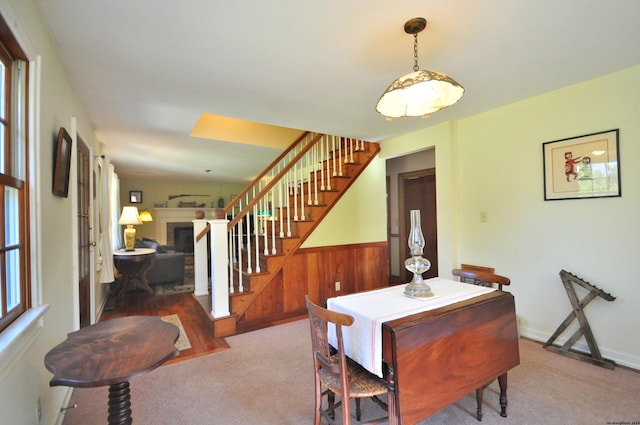 dining area featuring carpet flooring and wood walls