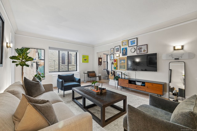 living room with light hardwood / wood-style floors and ornamental molding