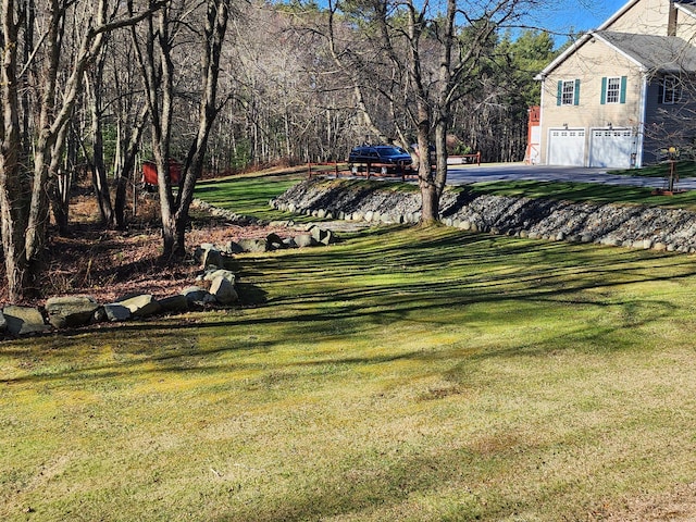 view of yard featuring a garage