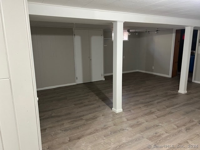 basement featuring wood-type flooring