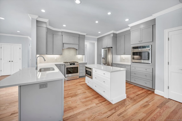 kitchen with light hardwood / wood-style floors, a kitchen island, sink, and appliances with stainless steel finishes