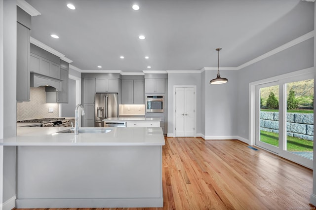 kitchen with sink, light wood-type flooring, ornamental molding, appliances with stainless steel finishes, and decorative light fixtures