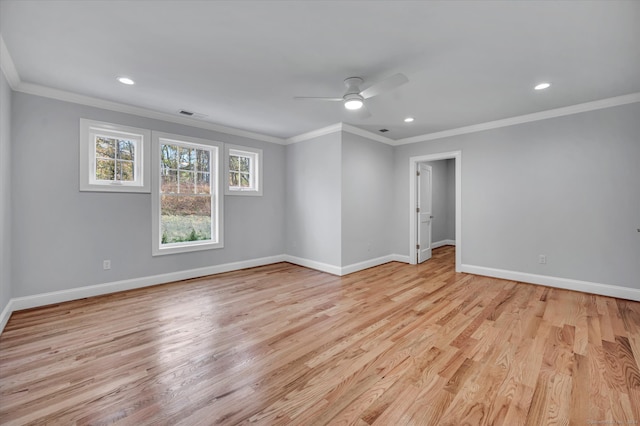 empty room with light hardwood / wood-style flooring, ceiling fan, and ornamental molding