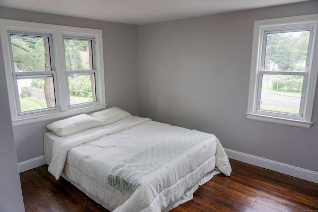 bedroom featuring multiple windows and dark hardwood / wood-style floors