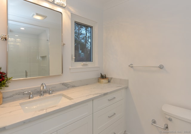 bathroom with vanity, a shower with shower door, and toilet